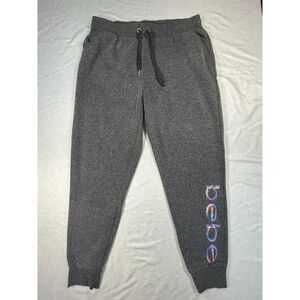 Bebe Sport Women's Large Jogger Pants Gray Sequin Logo Drawstring Sweatpants Y2K